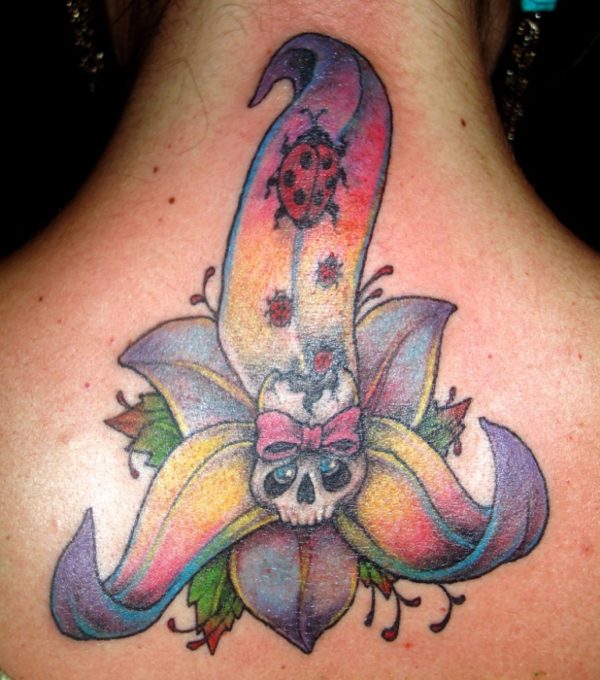 Colored Skull Tattoo On Neck