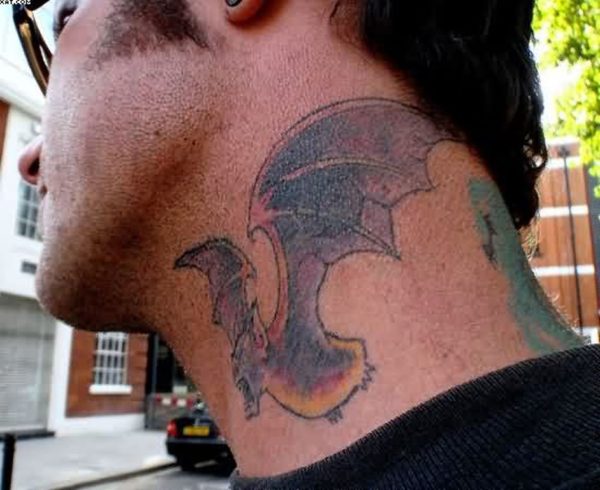 Colorful Bat Tattoo On Neck