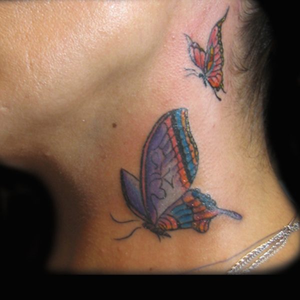 Colorful Butterflies Tattoo On Neck