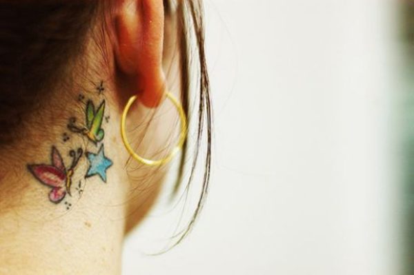 Colorful Butterfly And Stars Tattoo On Neck