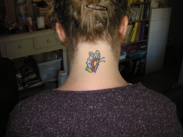 Colorful Butterfly Tattoo On Neck
