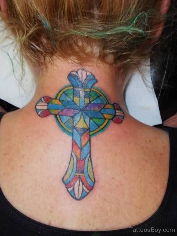 Colorful Cross Tattoo On Neck Back