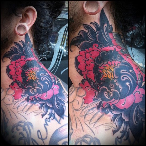 Colorful Japanese Neck Tattoo