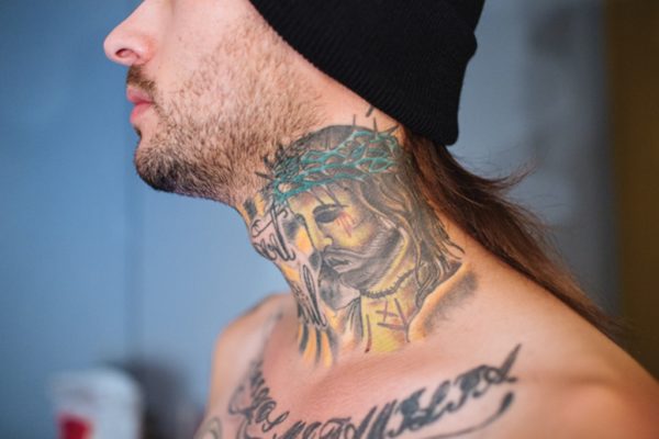 Colorful Jesus Neck Tattoo