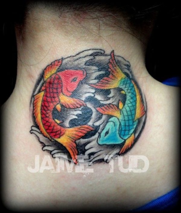 Colorful Koi Fish Tattoo On Neck