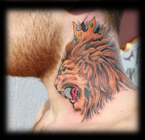 Colorful Lion Tattoo On Neck