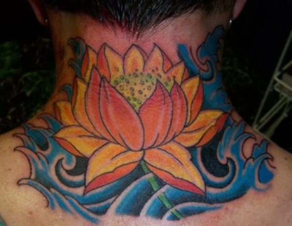 Colorful Lotus Tattoo On Neck