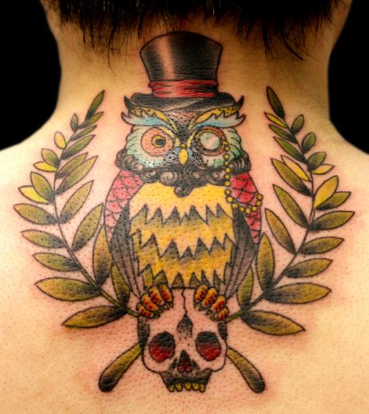 Colorful Owl With Skull Tattoo