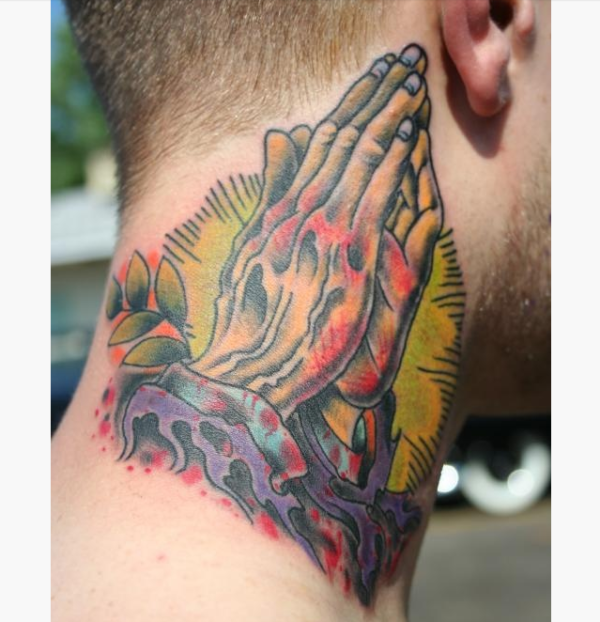 Colorful Praying Hands Neck Tattoo