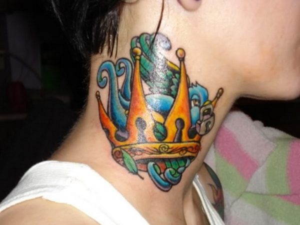 Colorful Queen Crown Tattoo On Neck