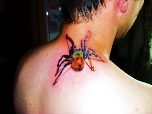 Colorful Spider Tattoo On Neck