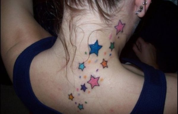 Colorful Stars Tattoo On Neck Back
