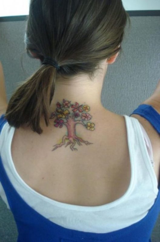 Colorful Tree Tattoo On Neck