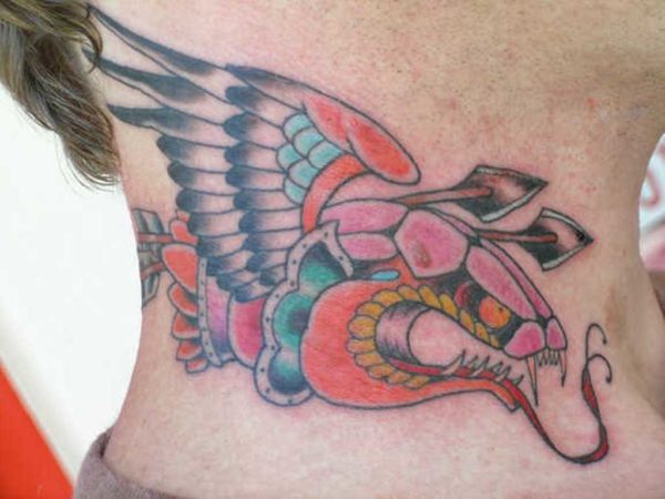 Colorful Wing Side Neck Tattoo 