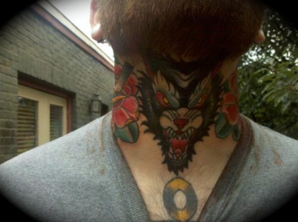 Colorful Wolf Tattoo On Neck