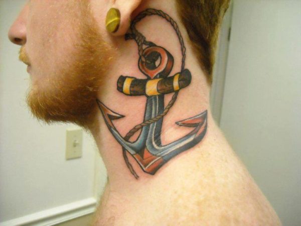 Colorful Anchor Tattoo On Side Neck