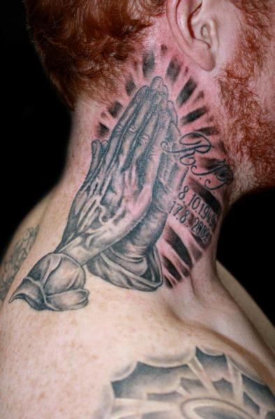 Cool Black Praying Hands Tattoo On Neck