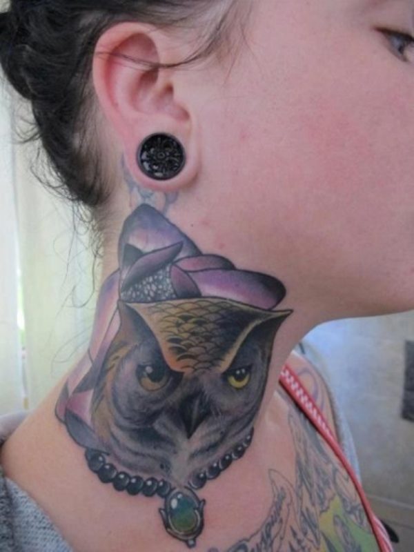Cool Owl Face Tattoo On Neck