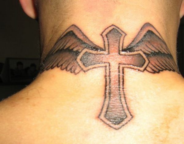 Cross And Wings Tattoo On Neck