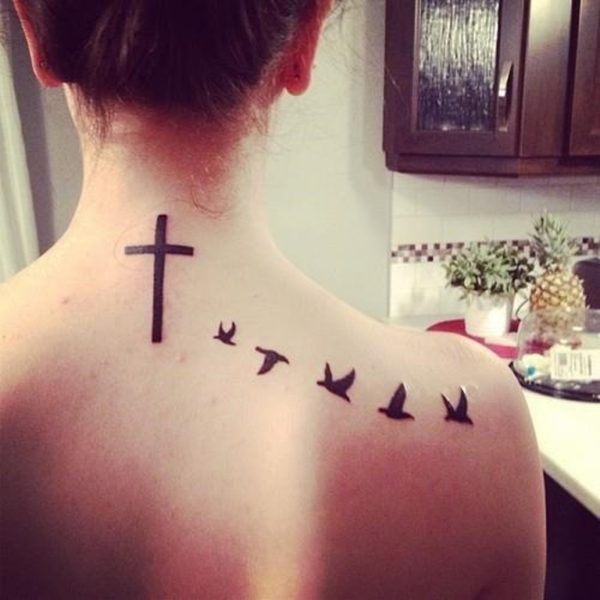 Cross With Birds Neck Tattoo