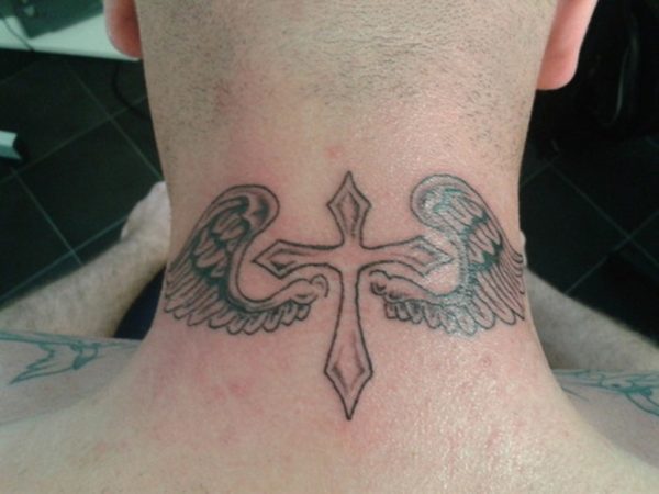 Cross Wings Tattoo On Neck