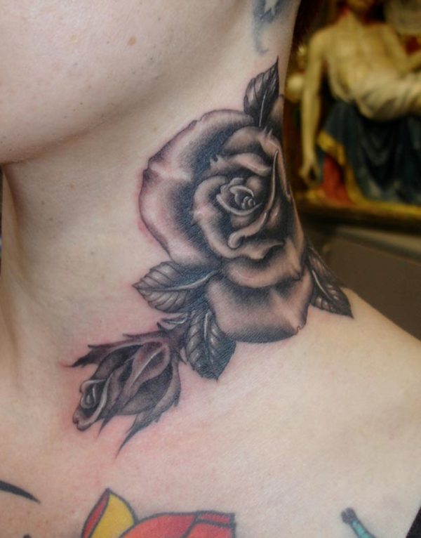 Cute  Black And Grey Rose Tattoo On Neck