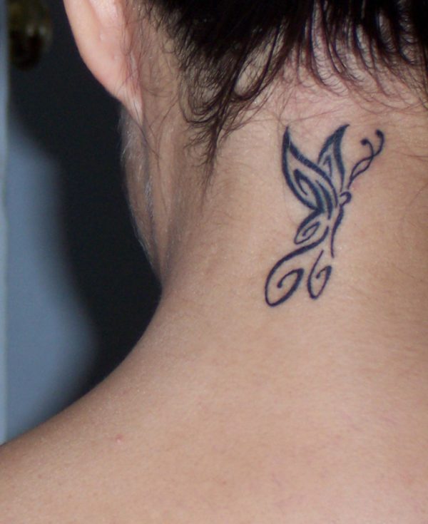 Cute Butterfly Wings Tattoo On Neck Back 