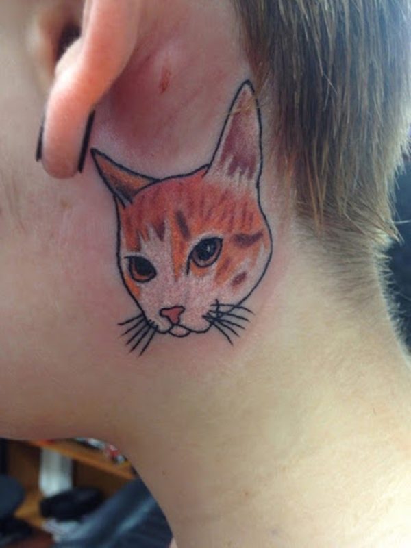 Cute Cat Face Tattoo On Neck