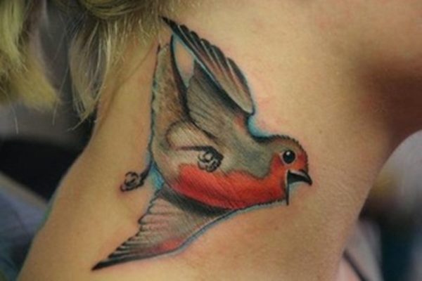 Cute Colored Bird Tattoo On Neck