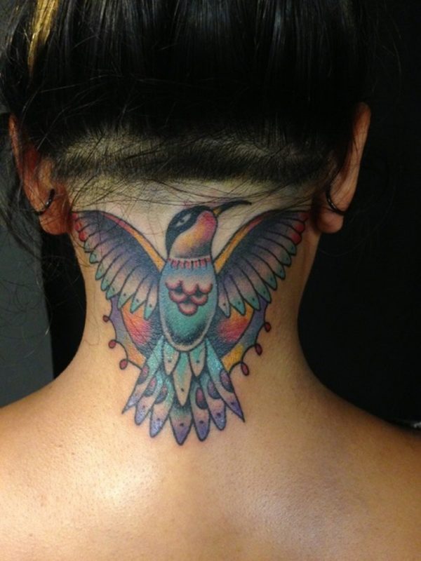 Cute Colorful Bird Tattoo On Neck