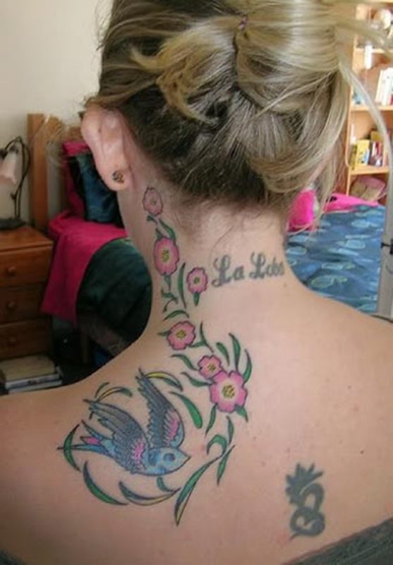 Cute Flying Bird Tattoo On Neck