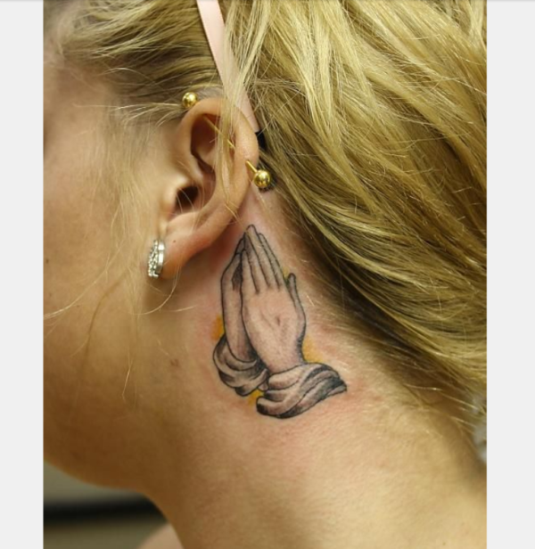 Cute Praying Hands Tattoo On Neck