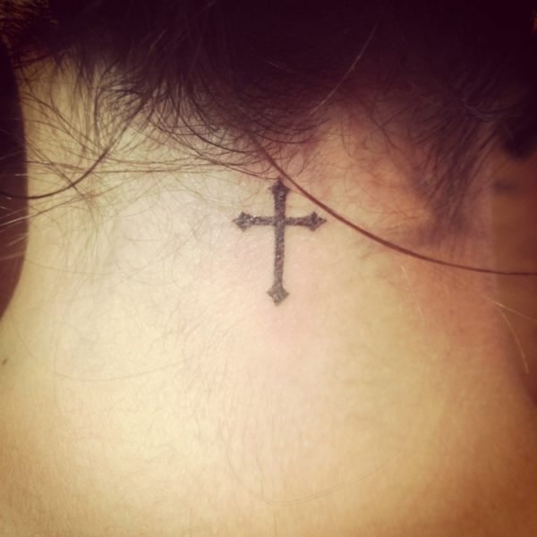 Cute Small Cross Tattoo On Neck