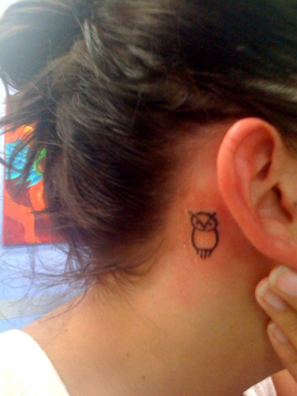 Cute Small Owl Tattoo On Neck Behind Ear