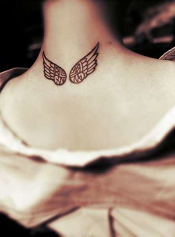 Cute Wings Tattoo On Neck Back 