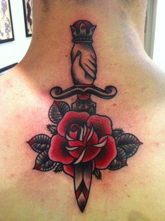 Dagger In Rose Tattoo On  Back Neck