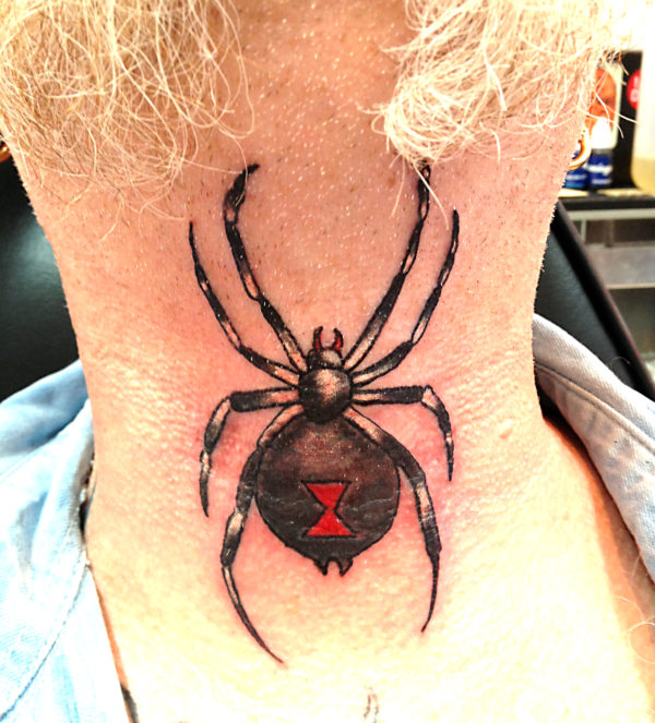 Dark Black Spider Tattoo On Neck