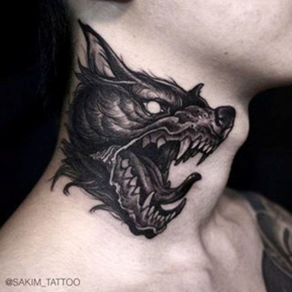 Dark Black Wolf Tattoo On Neck Left Side