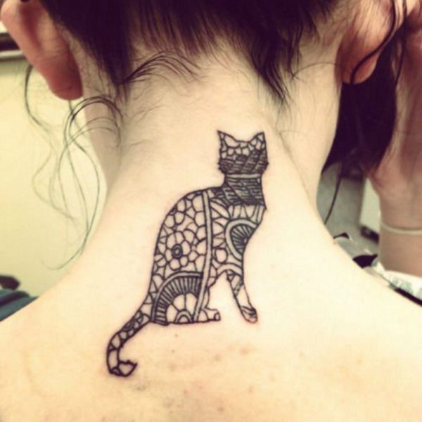 Designer Cat Tattoo On Neck Back