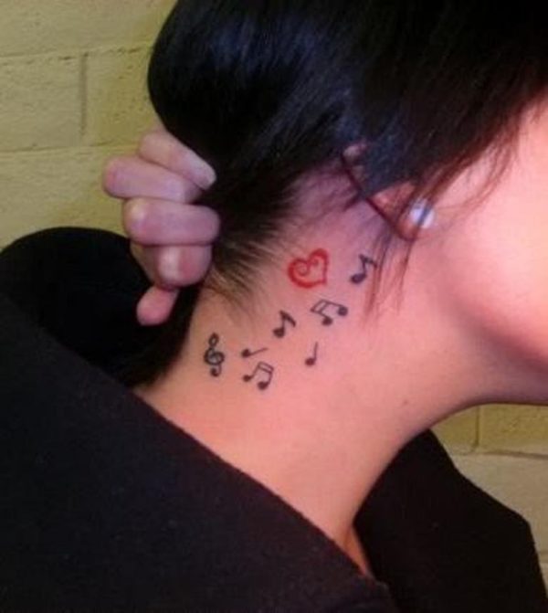 Designer Heart And  Music Tattoo On Neck