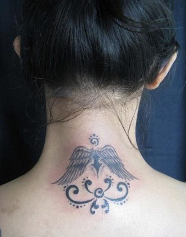 Designer Wings Tattoo On Neck Back 