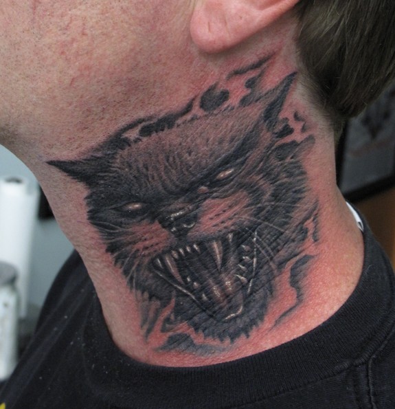 Devil Cat Tattoo On Neck