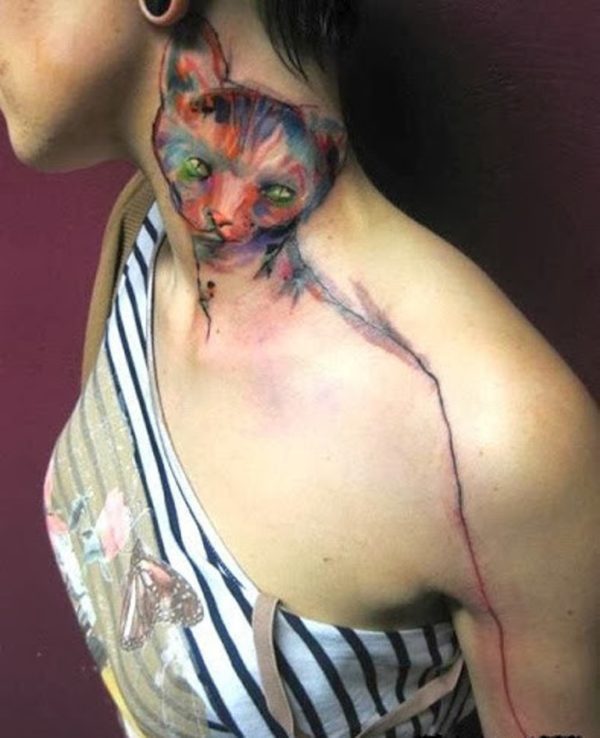 Devil Evil Cat Tattoo On Neck 