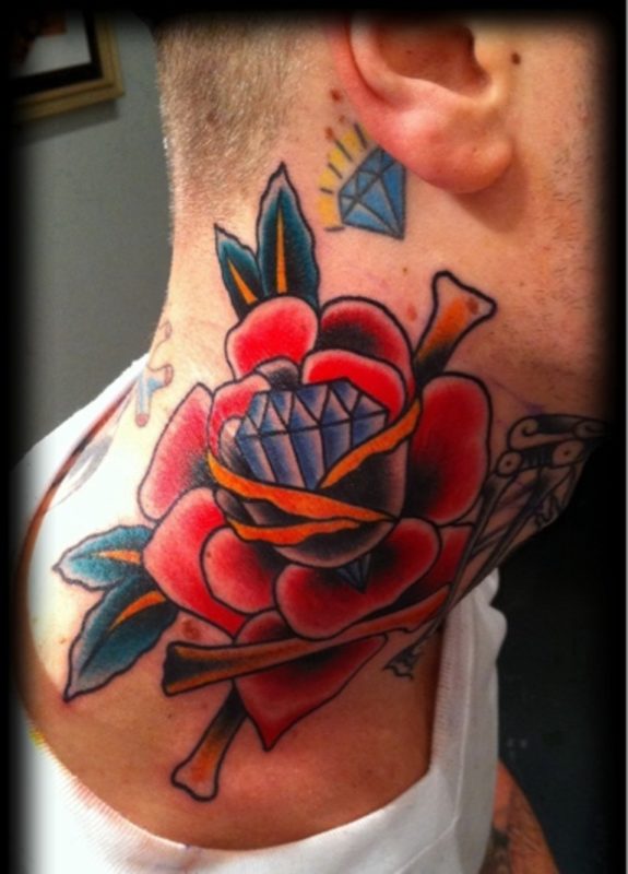 Diamond And Rose Tattoo On Neck