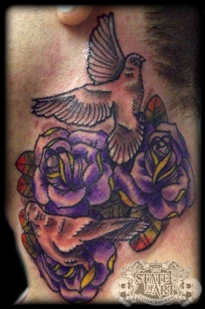 Dove And Roses Tattoo On Neck