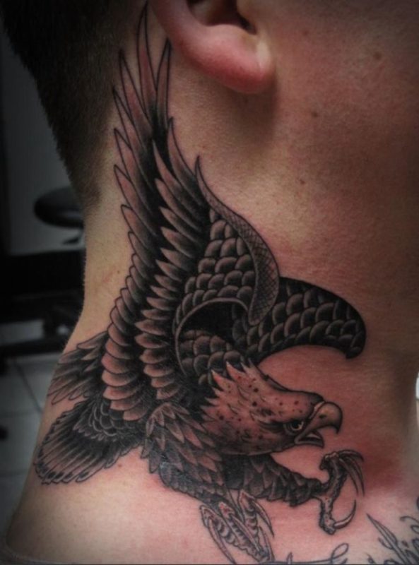 Eagle Black And Grey Tattoo On Neck