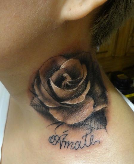 Elegant Black Rose Neck Tattoo Design