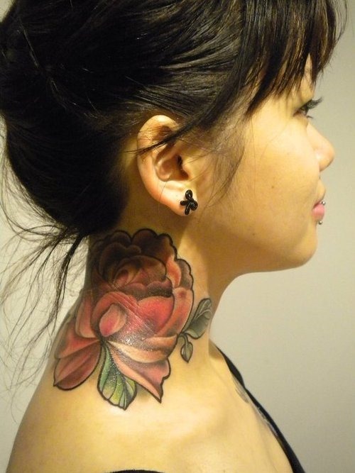 Elegant Red Rose Tattoo On Neck 