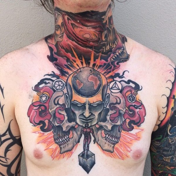 Elegant Colored Skull Tattoo On Neck