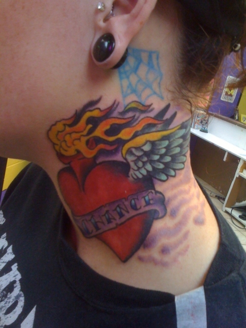 Evil Heart Tattoo On Neck